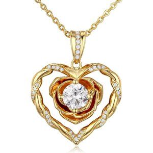 18K Gold Plated 925 Sterling Silver Rose Heart CZ Necklace NWT